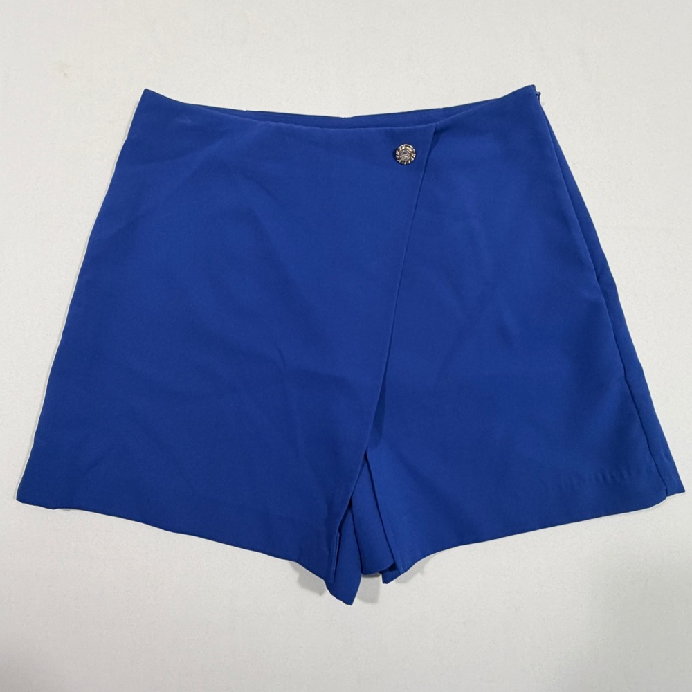 Thalia Sodi Skort Women M Royal Blue Asymmetrical Wrap Front Gold Button Mini